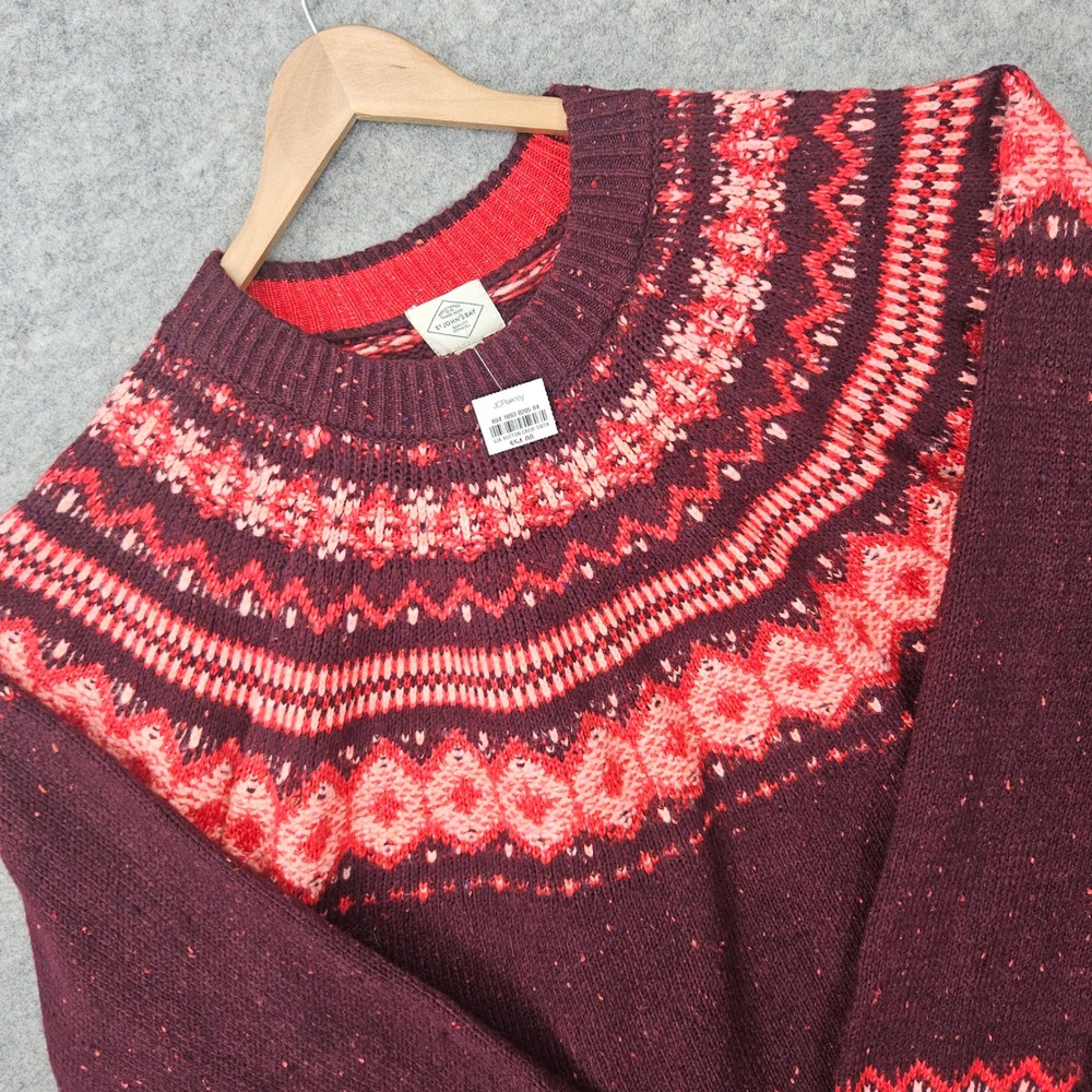 NEW St Johns Bay Sweater Women's 3X Burgundy Fair Isle Crew Neck Speckled Knit